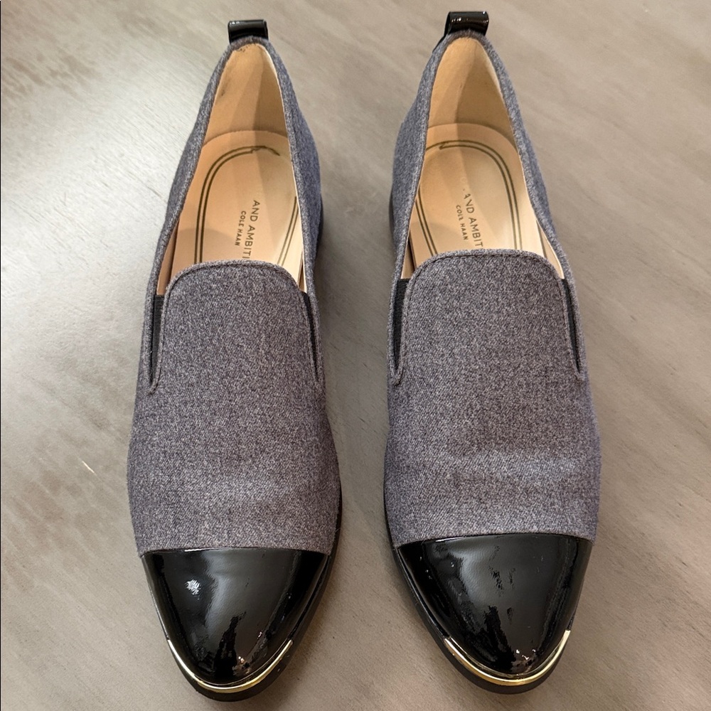 Cole Haan Gray and Black Loafers with Patent Toe